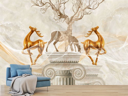 現代精品大理石紋3d立體鹿客廳背景墻壁畫圖片素材 效果圖下載