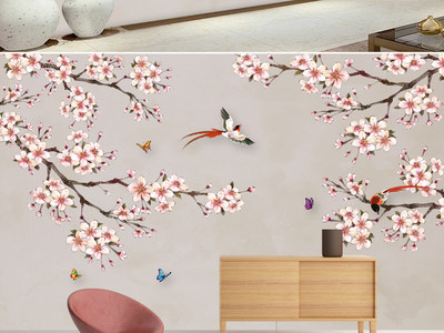 新中式桃花花鳥蝴蝶客廳電視背景墻墻畫墻紙