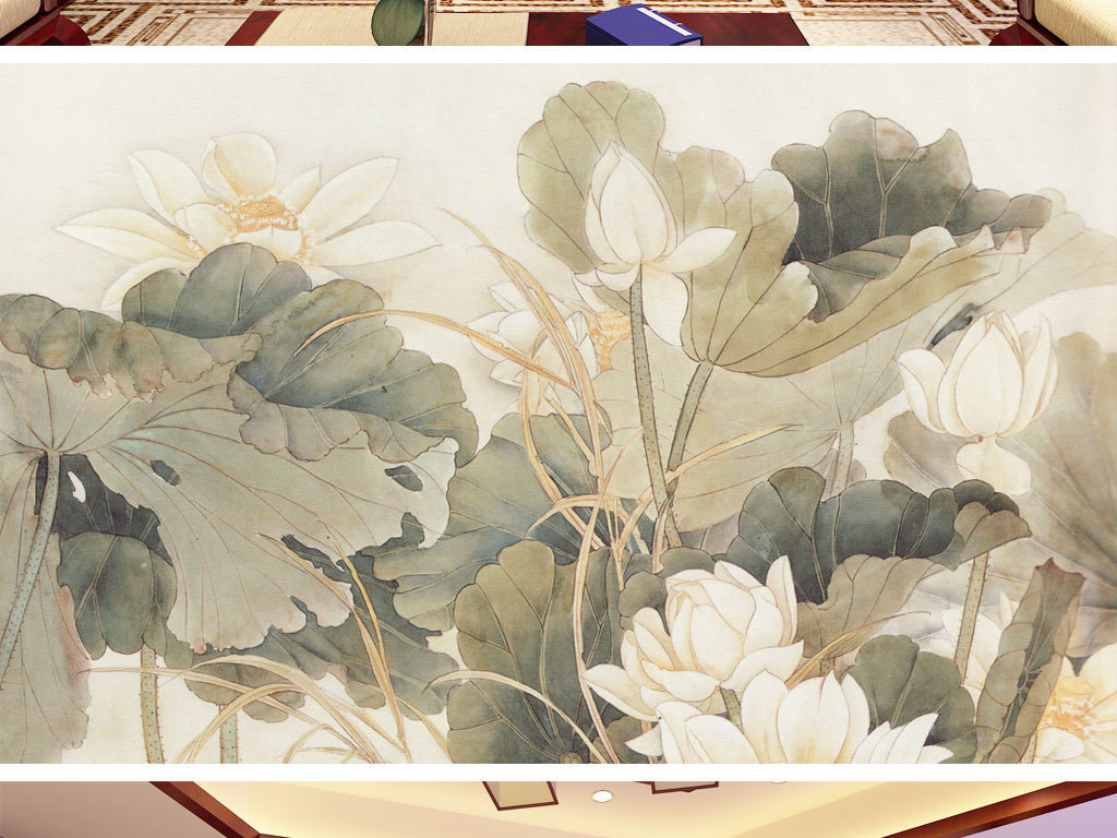 水墨荷花中式背景墻壁畫
